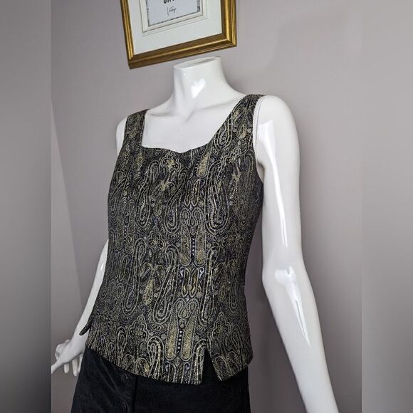 Vintage faux corset tank top brocade square neck paisley print. 10 - Picture 4 of 8